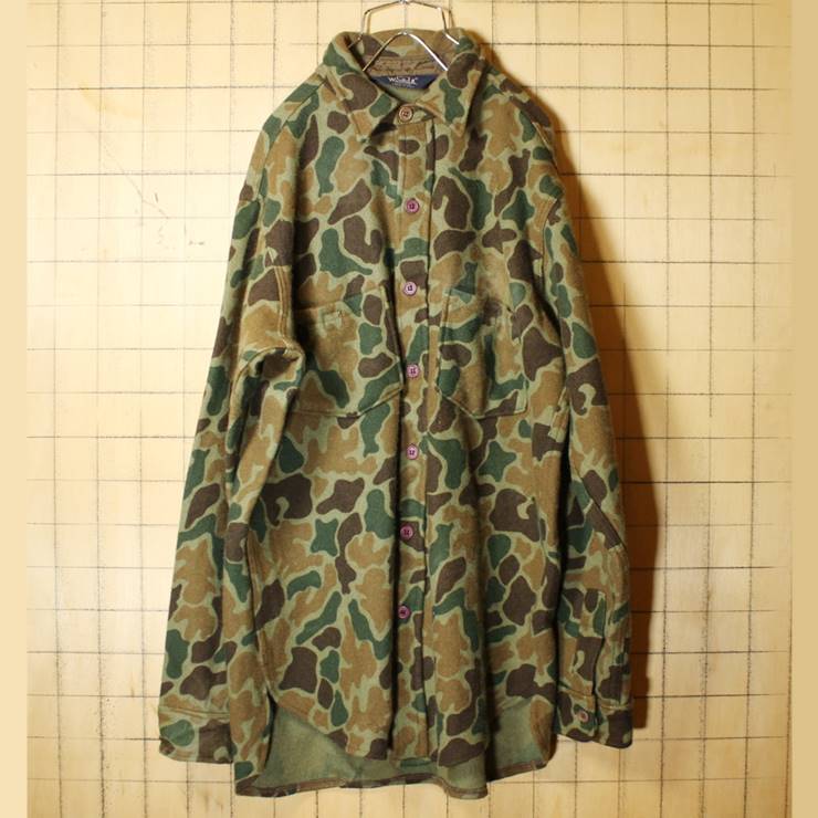80s USA製 Woolrich ウールリッチ ダック ハンター カモ ウール シャツ グリーン カーキ 長袖 メンズL 迷彩 アメリカ古着