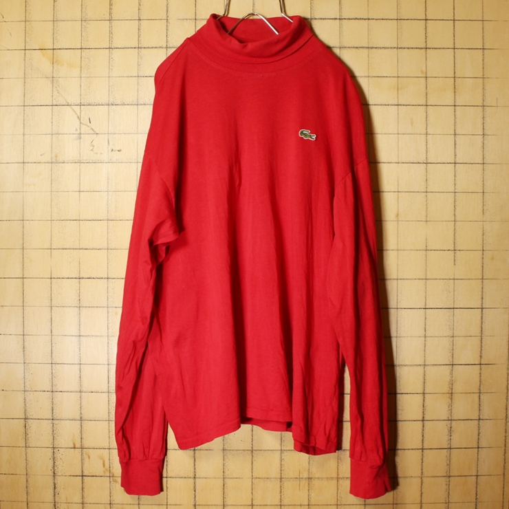 フランス製 80s フレンチラコステ Lacoste 長袖 Tシャツ レッド 赤 メンズL相当 タートルネック ワンポイント ロンT ヨーロッパ古着