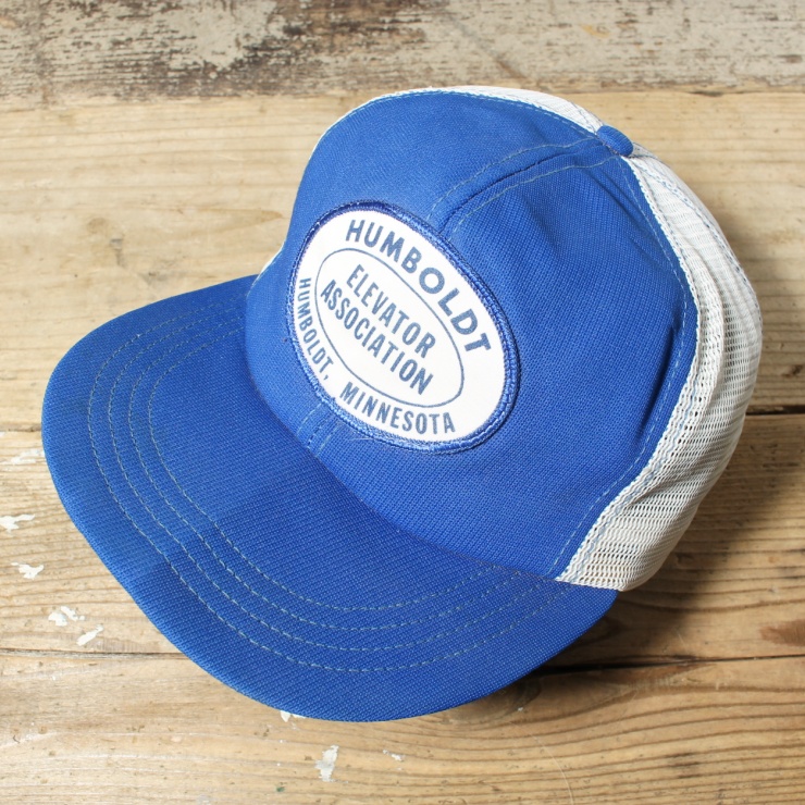 70s 80s USA製 HUMBOLDT ワッペン メッシュ トラッカー キャップ 帽子 ブルー フリーサイズ アメリカ古着