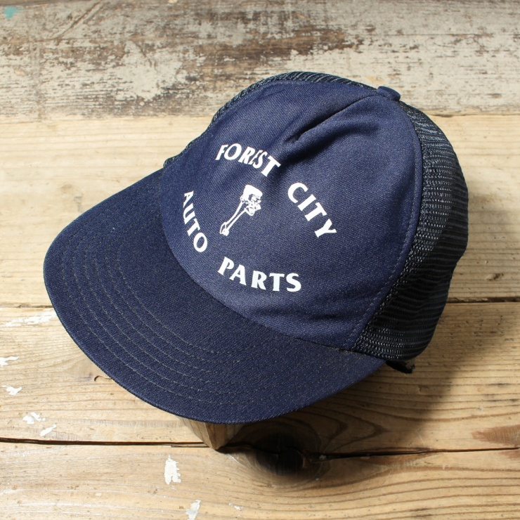 80s 90s USA製 FOREST CITY AUTO PARTS プリント メッシュ トラッカー キャップ 帽子 ネイビー ブルー フリーサイズ アメリカ古着