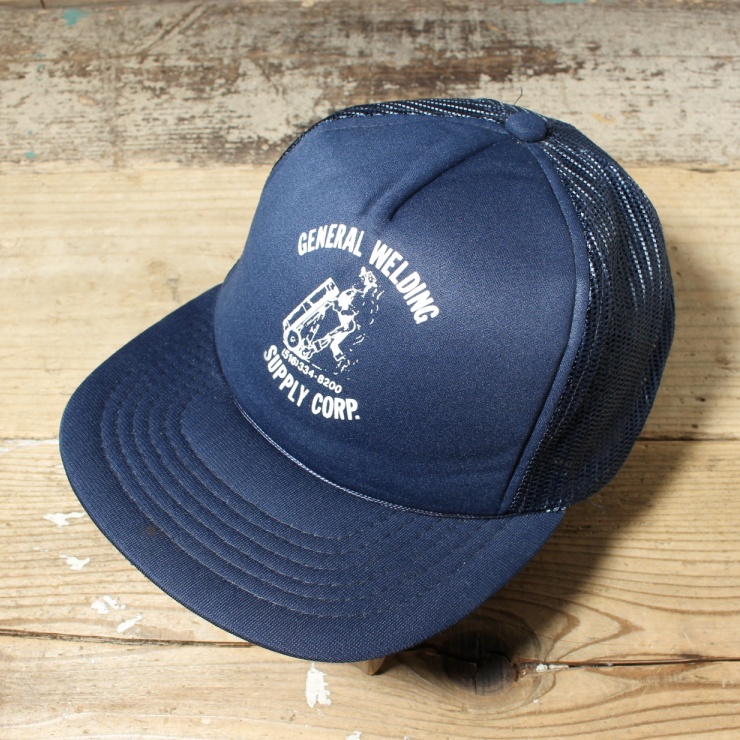 80s 90s USA GENERAL WELDING SUPPLY CORP プリント メッシュ トラッカー キャップ 帽子 ネイビー ブルー フリーサイズ アメリカ古着