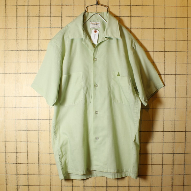 60s TOWN TOPIC ビンテージ オープンカラー ボックスシャツ 無地 開襟 半袖 USA製 古着 ライトグリーン メンズS