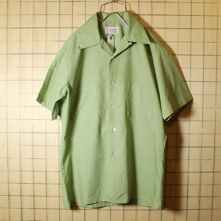 60s-70s Penneys ビンテージ オープンカラー ボックスシャツ ライトグリーン メンズS 無地 開襟 半袖 古着 ss91