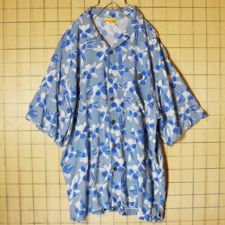 花柄 アロハ ハワイアン レーヨン オープンカラー シャツ ブルー グレー メンズM 半袖 古着 開襟