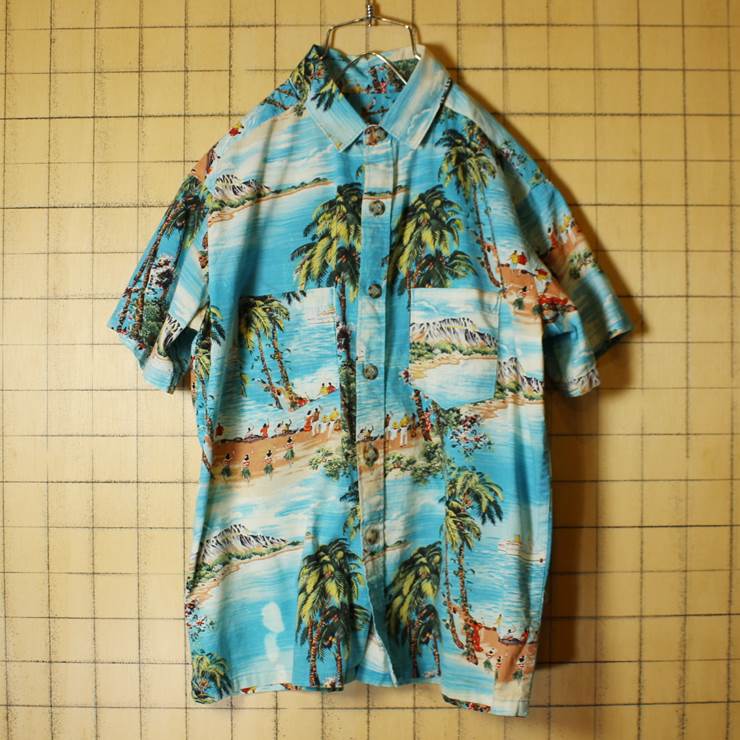 80s ヤシの木柄 アロハ ハワイアン コットン ボックス シャツ ブルー メンズSM相当 ハワイ風景 海 半袖 古着