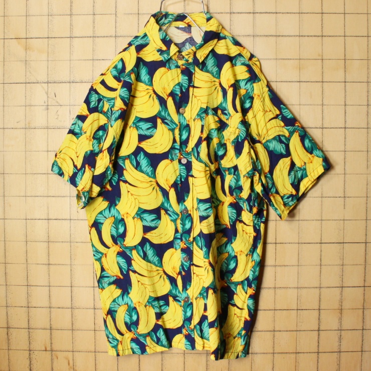 70s 80s EURO 半袖 オープンカラー ハワイアン アロハ レーヨン シャツ バナナ メンズS相当 ボックスシルエット ヨーロッパ古着