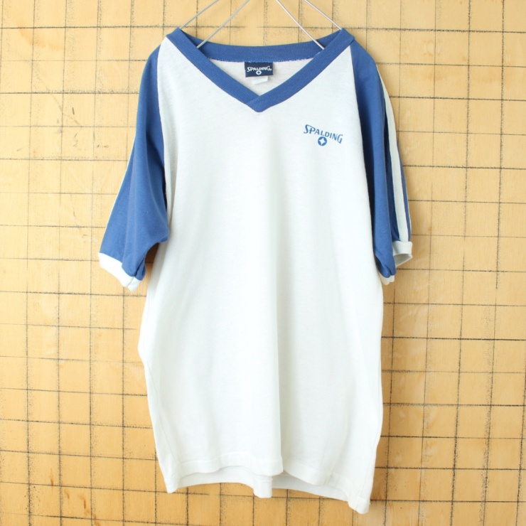 80s 90s USA製 SPALDING プリント ラグラン Tシャツ 半袖 ホワイト ブルー メンズM アメリカ古着