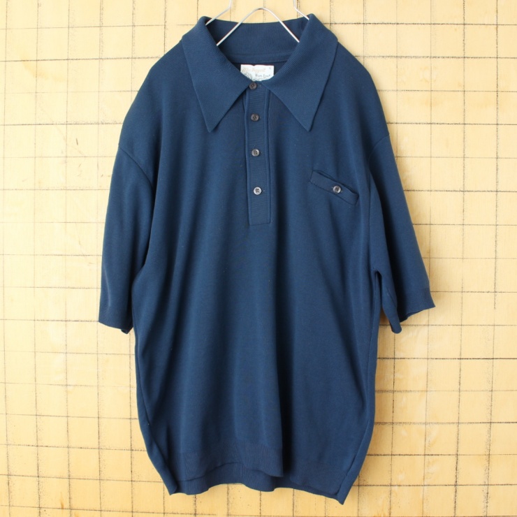 60s 70s USA製 Mac Taggart バンロン ポロシャツ メンズL ネイビー ブルー 半袖 ナイロン アメリカ古着