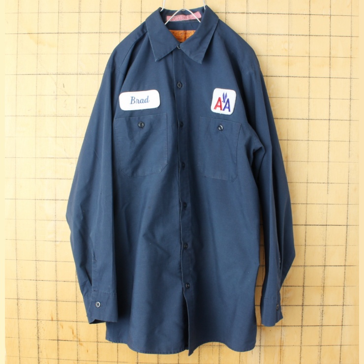 80s 90s USA ARATEX ワッペン ワーク シャツ ネイビー ブルー メンズM 長袖 アメリカ古着
