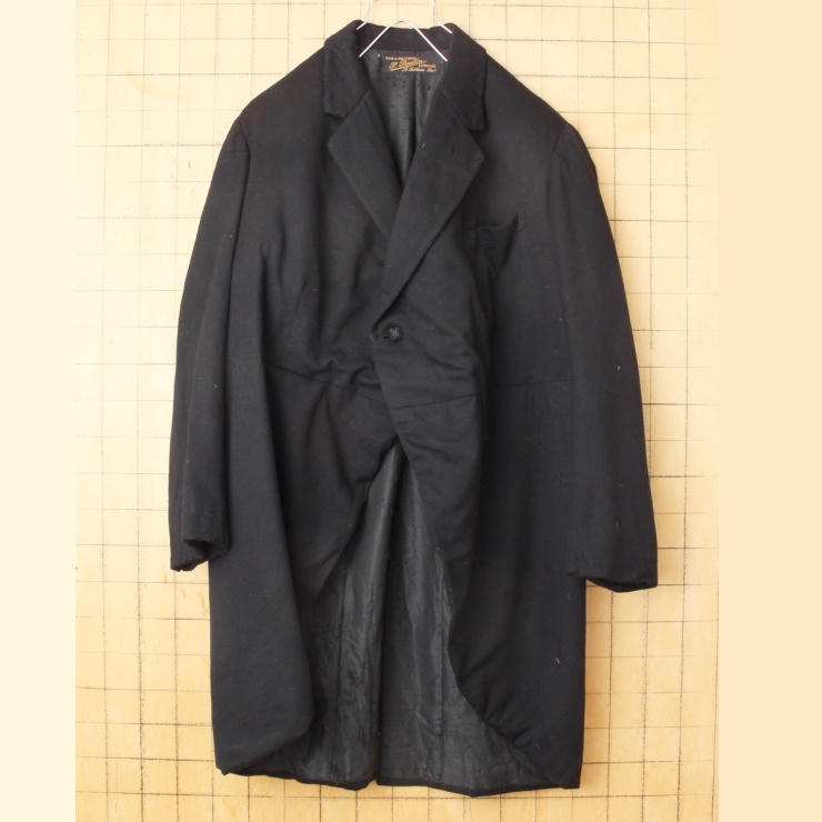 40s 50s フランス製 P.Paulin モーニングコート ウール ジャケット メンズML相当 ブラック ヨーロッパ古着