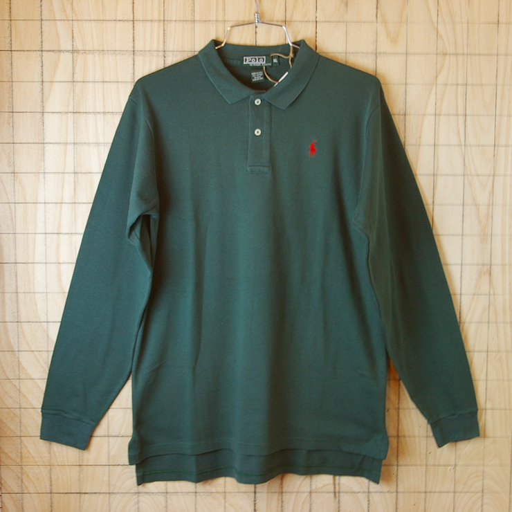 【Polo】古着USA製グリーン(緑)メンズコットン100%長袖ポロシャツ【ポロ・ラルフローレン】