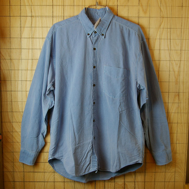 アメリカ古着ブルー(青)コットン100%シャンブレーボタンダウンシャツ|サイズM