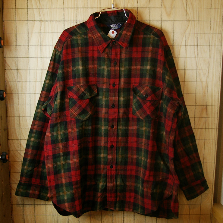 【Woolrich】USA製80sビンテージビッグサイズ古着レッド×グリーン×ブラックチェックウールシャツ|サイズXXL