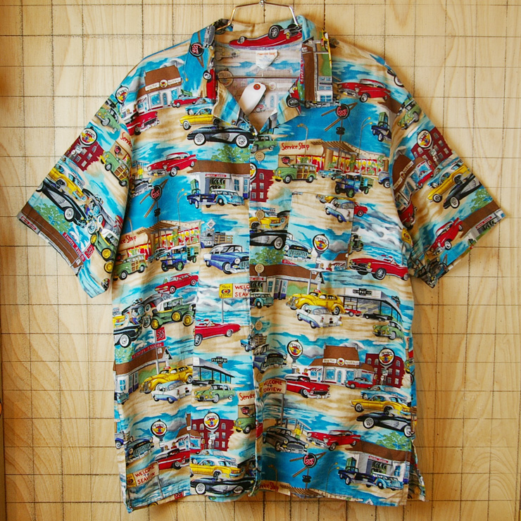【FASHION SEAL】古着USA製レトロカー・アメ車総柄ハワイアン・アロハ半袖開襟シャツ