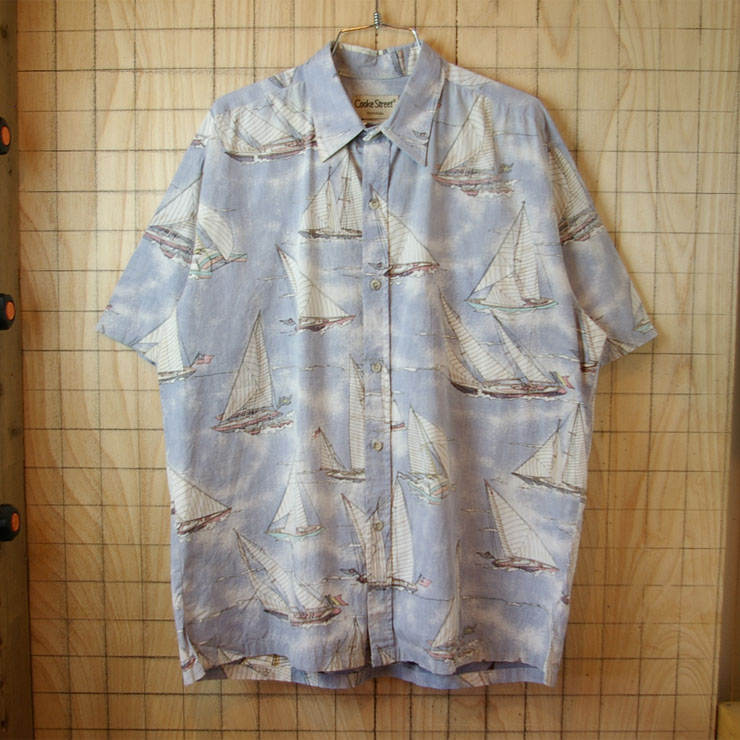 【Cooke Street】USA製古着ブルーヨット総柄ハワイアン・アロハ半袖コットンシャツ|メンズL相当