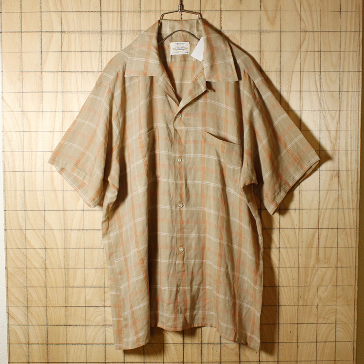 Arrow/USA製50s-60sビンテージ古着/ベージュ×オレンジ/半袖ボックスチェックシャツ/メンズL