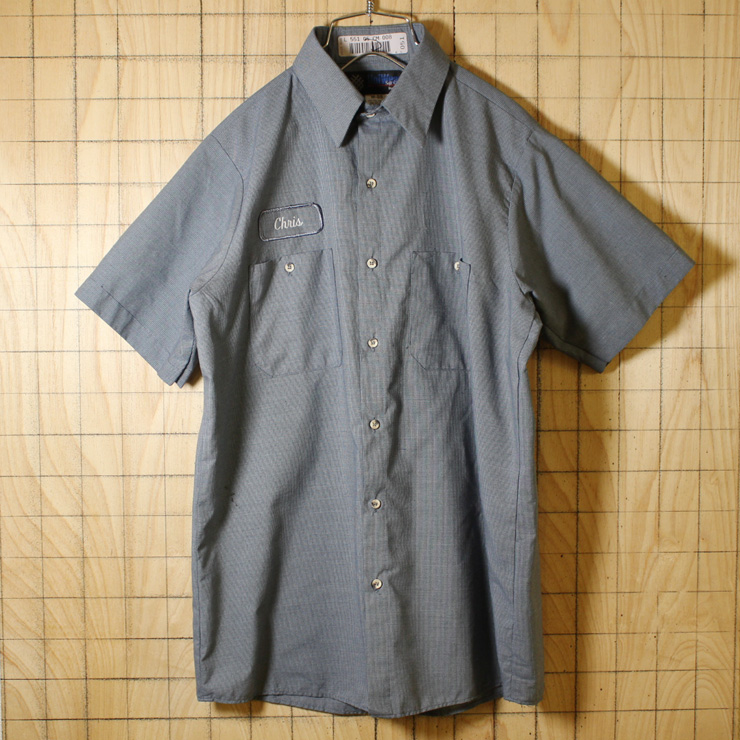 UniFirst/古着/グレー・チェック/ネームワッペン半袖ワークシャツ/メンズM