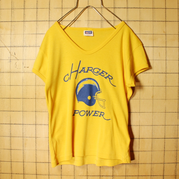 70s 80s USA製 NFL SAN DIEGO CHARGERS CHARGER POWER プリント Tシャツ イエロー レディースM アメリカ古着