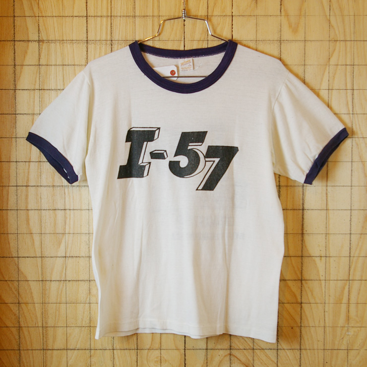古着USA製ホワイト(白)I-57 DRAGSTRIP WEST FRANKFORT,ILL リンガーTシャツ【sportswear】