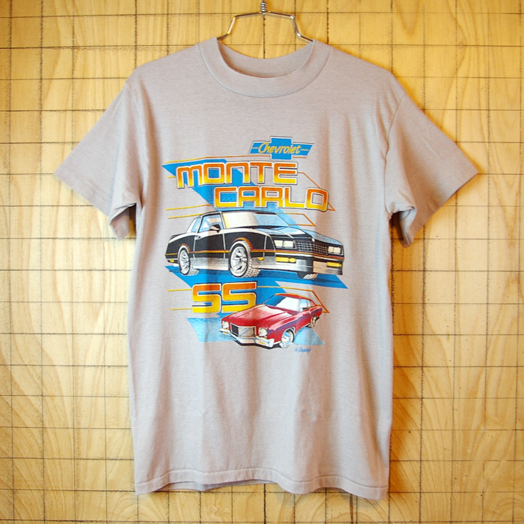 【Platinum T's】1986年製古着USA製グレー(灰)アメ車Chevrolet MONTE CARLO 55Tシャツ|メンズLサイズ