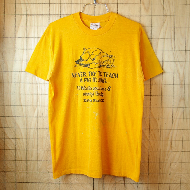 【Stedman】USA製ビンテージ古着イエローNEVER TRY TO TEACH A PIG TO SINGプリントTシャツ|サイズメンズL