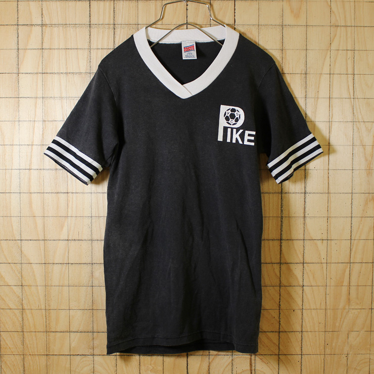 SOFFE SHIRTS/USA製90s古着ブラックPIKEプリントVネックTシャツ/メンズSサイズ