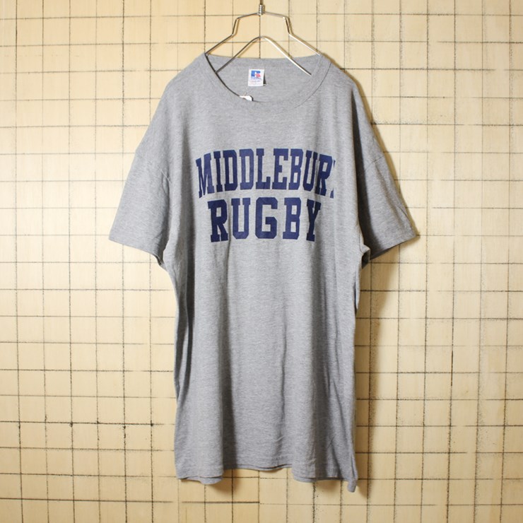 古着 霜降り 杢 グレー プリント Tシャツ 半袖 MIDDLEBURY RUGBY メンズL RUSSELL ATHLETIC