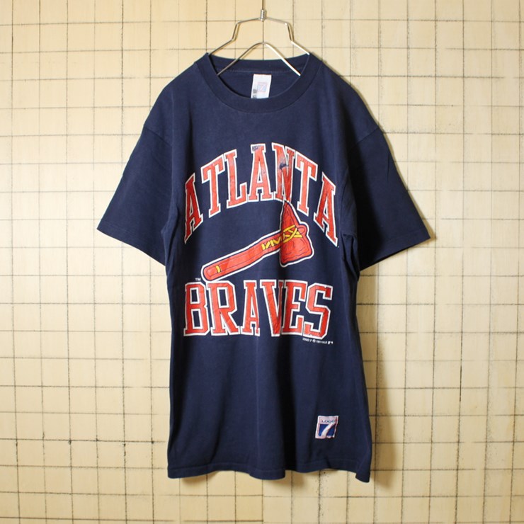 USA製 90s 古着 ネイビー プリント Tシャツ 半袖 MLB ATLANTA BRAVES アトランタ ブレーブス メンズL LOGO7 アメリカ古着