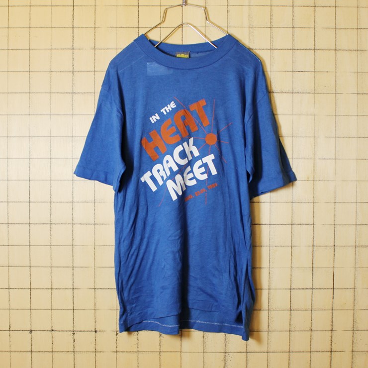 USA製 80s 古着 ブルー 両面 プリント Tシャツ 半袖 IN THE HEAT TRACK MEET 1984 メンズM JERZZES アメリカ古着