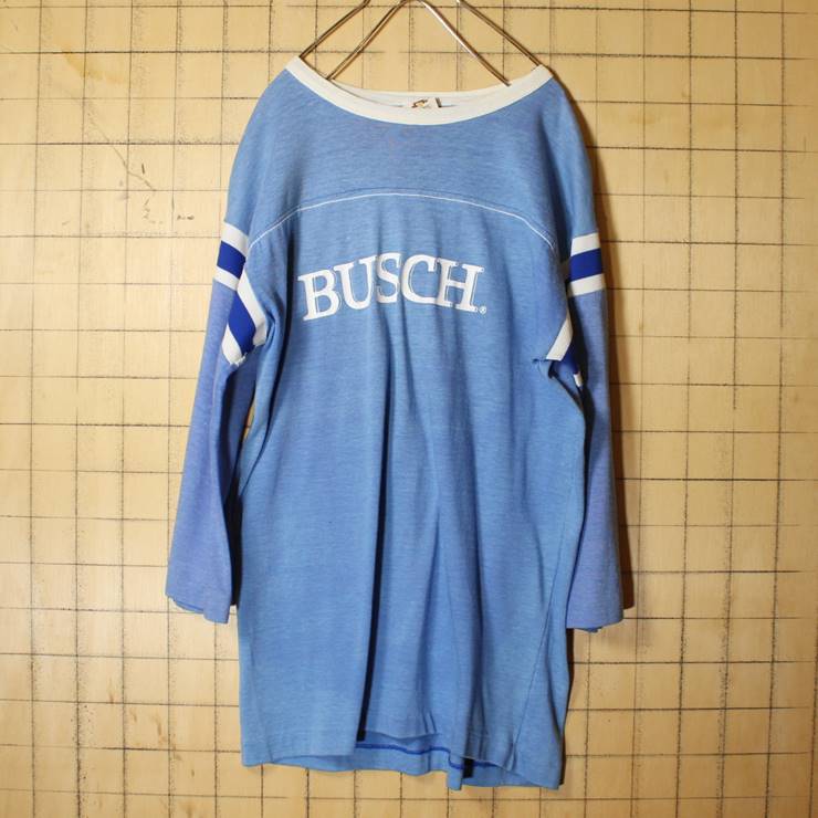 70s 80s USA製 BUSCH 両面プリント 七分袖 Tシャツ 長袖 ロンT ライトブルー メンズXL ベースボール アメリカ古着