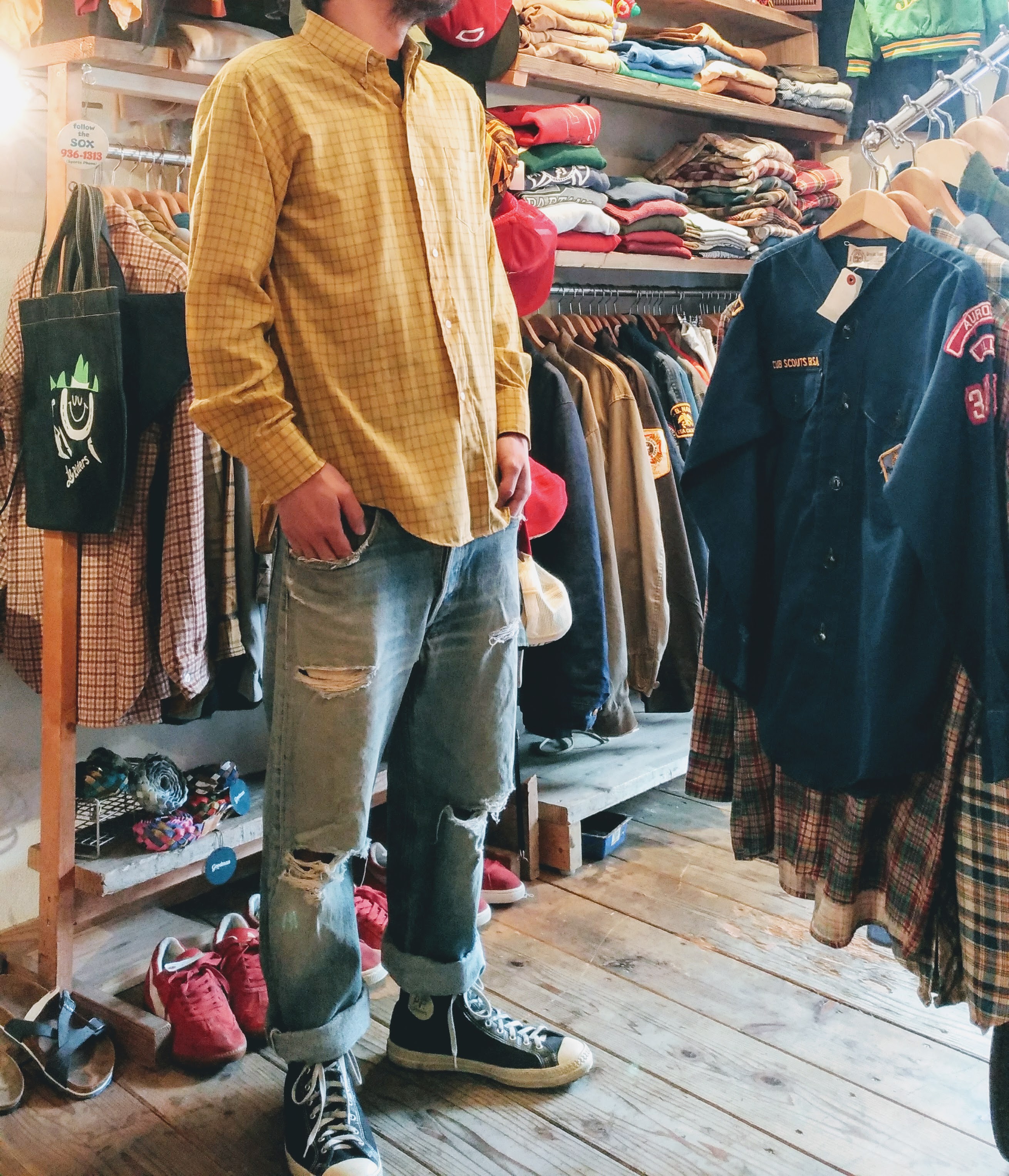 70s Brent Button Down Check Shirt & Levis501xx & PF-FLYERS