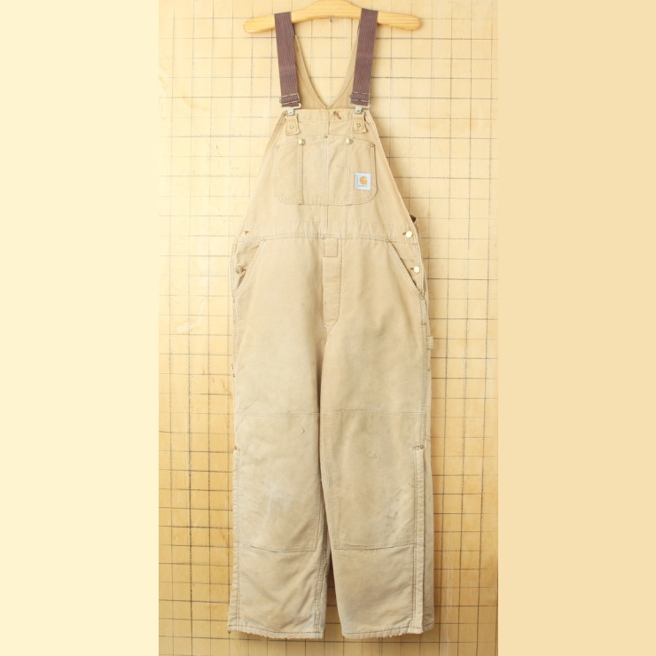 90s USA製 carhartt カーハート キルティングライナー ダブルニー ダックオーバーオール ブラウン W36 アメリカ古着