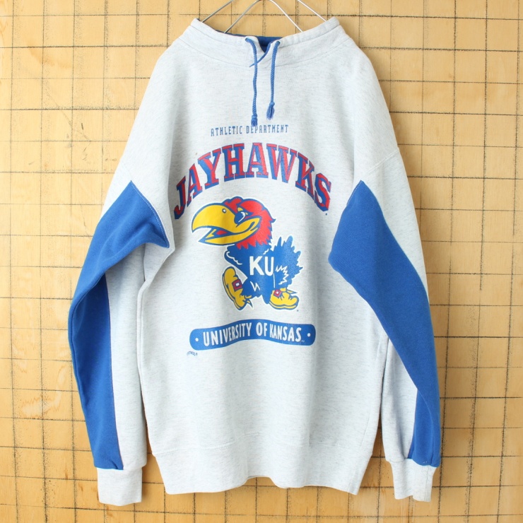 90s 00s USA製 NUTMEG MILLS JAYHAWKS ハイネック プリント スウェット グレー メンズM相当 アメリカ古着