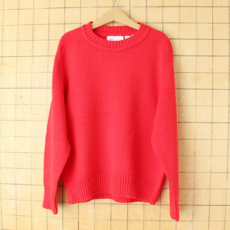 70s 80s USA grand knit wear キッズ アクリルニット セーター 150cm相当 レッド アメリカ古着