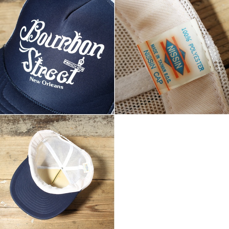80s 90s USA Bourbin Street プリント メッシュ トラッカー キャップ 帽子 ネイビー ブルー フリーサイズ アメリカ古着