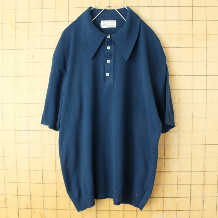 60s 70s USA製 FAIRMONT Ban-Lon バンロン ポロシャツ メンズXL ネイビー ブルー 半袖 ナイロン アメリカ古着