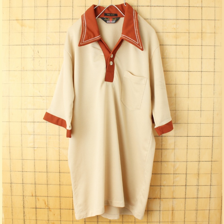70s 80s USA JAYMAR SPORTSWEAR オープンカラー ポロシャツ メンズL ベージュ 半袖 アメリカ古着