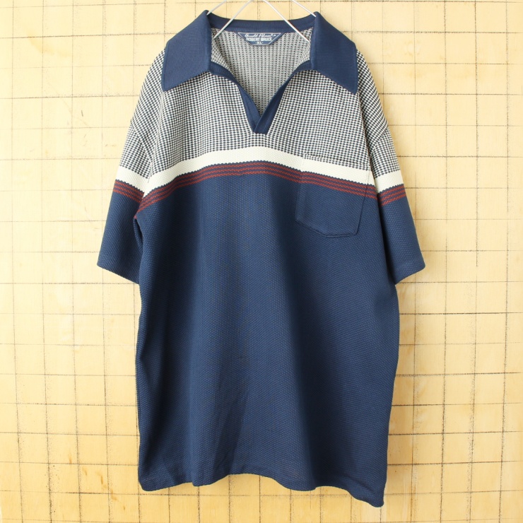 70s 80s USA Arnold Palmer ROBERT BRUCE ポリニット オープンカラー ポロシャツ メンズXL ネイビー ブルー 半袖 アメリカ古着