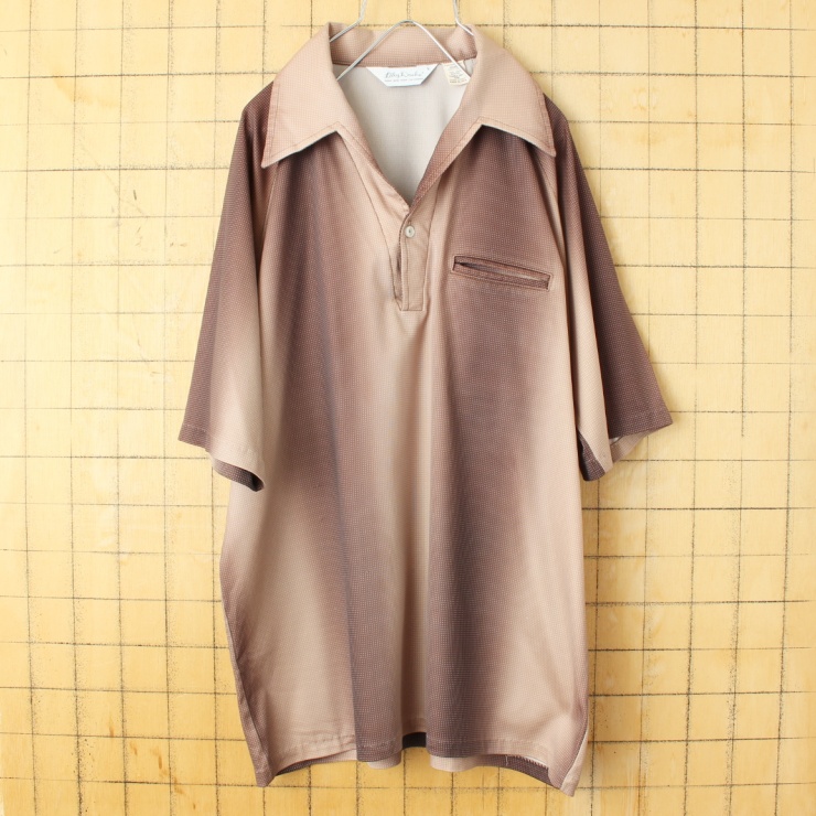 70s 80s USA製 Lilly Dache オープンカラー 総柄 ポロシャツ メンズL ブラウン ベージュ 半袖 ポリエステル アメリカ古着