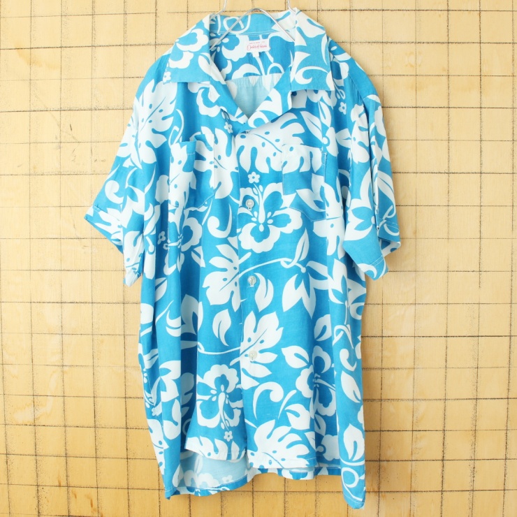 60s USA Orchids of Hawaii レーヨン アロハ シャツ メンズL 半袖 ブルー ハワイアン 花柄 日本製 アメリカ古着