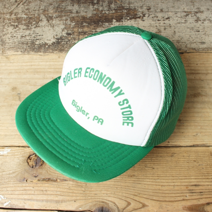 70s 80s USA BIGLER ECONOMY STORE トラッカー メッシュキャップ 帽子 グリーン 緑 フリーサイズ アメリカ古着