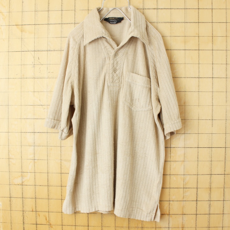 70s 80s USA JCPenney パイル地 ポロシャツ メンズL ベージュ 半袖 オープンカラー ポリエステル アメリカ古着