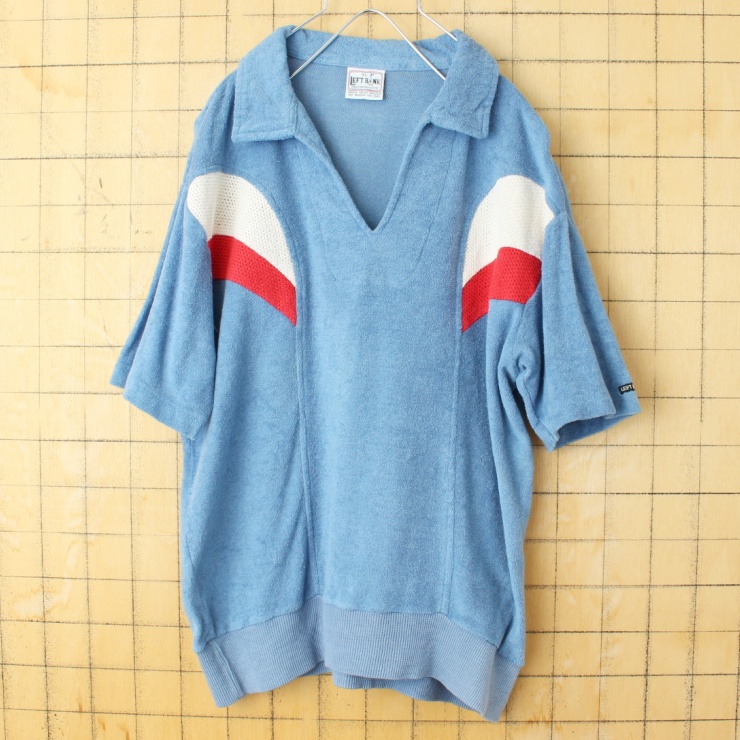 70s 80s USA LEFT BANK パイル地 ポロシャツ メンズXL ライトブルー 半袖 オープンカラー ポリエステル アメリカ古着