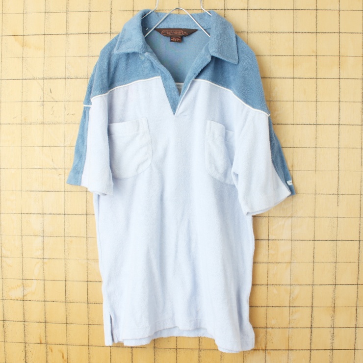70s 80s USA HUKAPOO パイル地 ポロシャツ メンズM ライトブルー 半袖 オープンカラー ポリエステル アメリカ古着