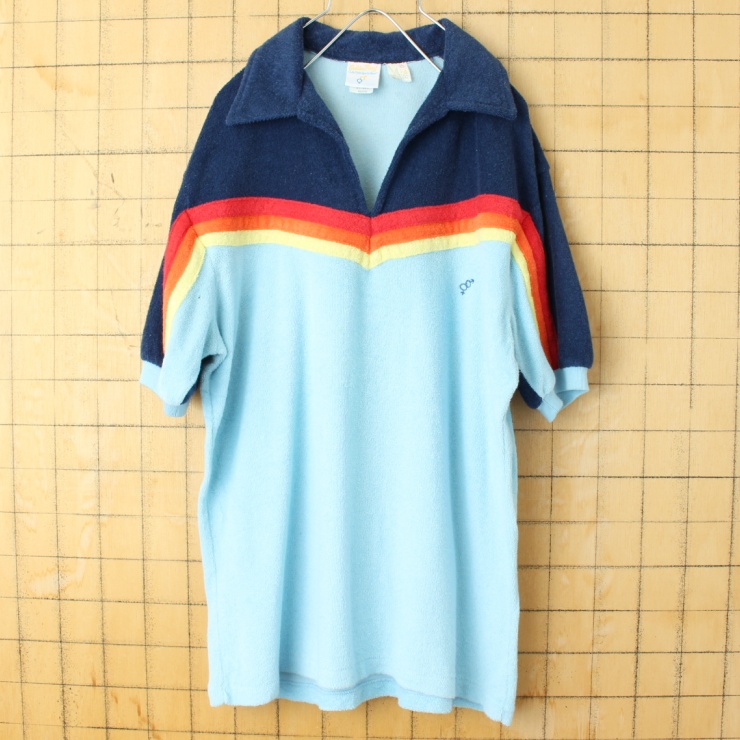 70s 80s USA Golden Breed パイル地 ポロシャツ メンズM ネイビー ブルー 半袖 オープンカラー ポリエステル アメリカ古着