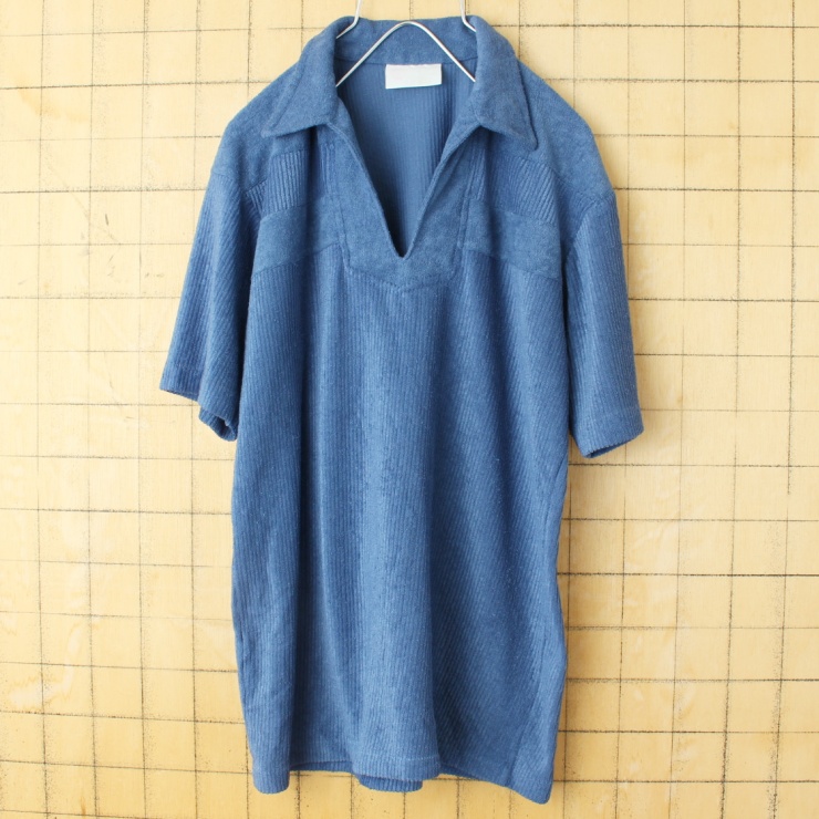 70s 80s USA Sears パイル地 ポロシャツ メンズM ネイビー ブルー 半袖 オープンカラー ポリエステル アメリカ古着