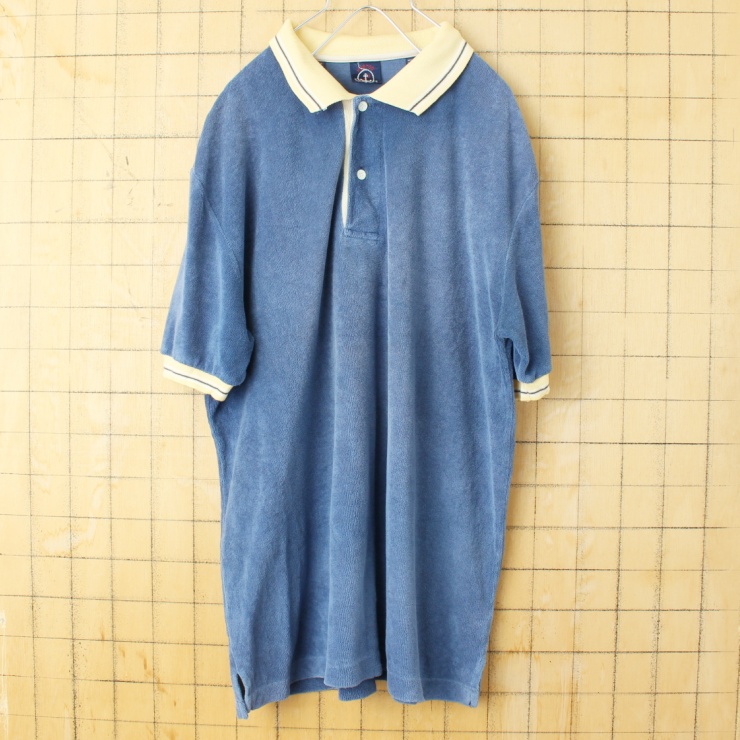 70s 80s USA HARTOG MARINE CLUB パイル地 ポロシャツ メンズL ネイビー ブルー 半袖 アメリカ古着