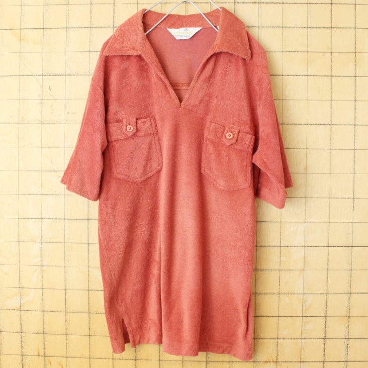 70s 80s USA Ferranti パイル地 ポロシャツ メンズS レッドブラウン 半袖 アメリカ古着