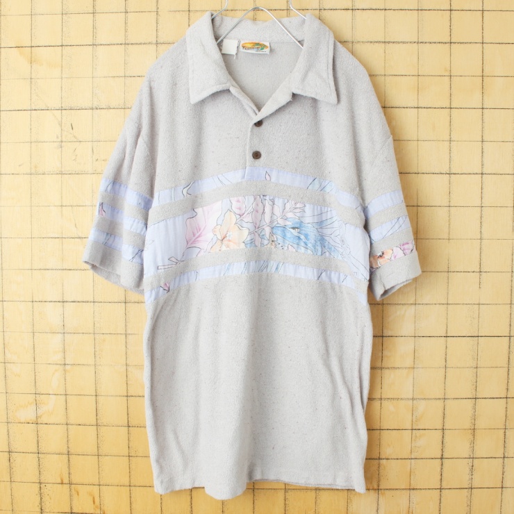 70s 80s USA KENNINGTON ケニントン パイル地 オープンカラー ポロシャツ グレー メンズML相当 半袖 ビーチ オールドサーフ アメリカ古着