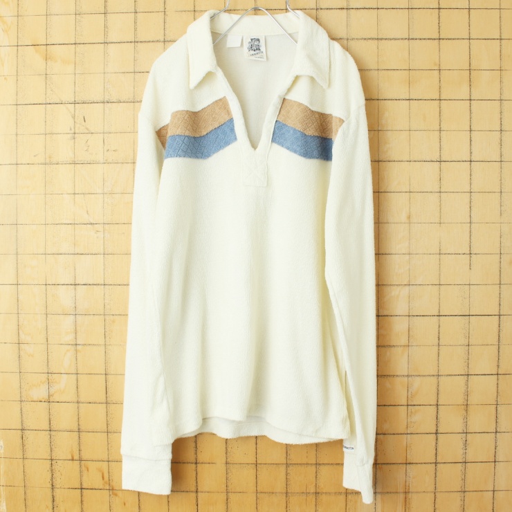 70s 80s USA KENNINGTON ケニントン パイル地 オープンカラー ポロシャツ オフホワイト メンズSM相当 長袖 ビーチ オールドサーフ アメリカ古着